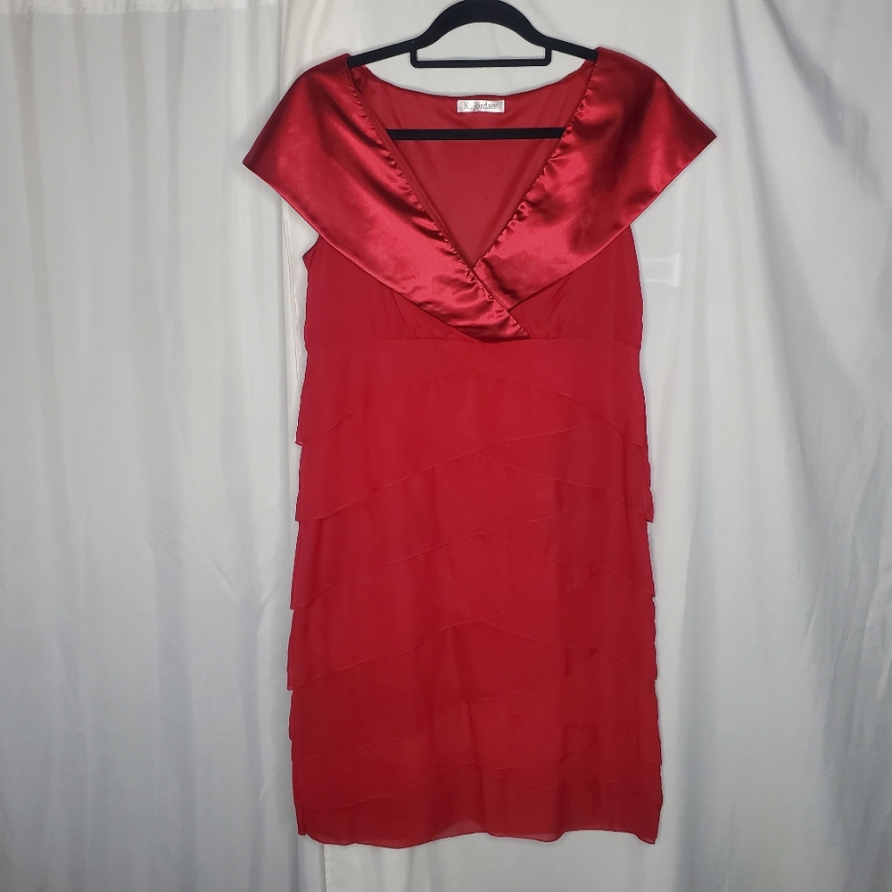 ♤ K. Jordan Red Satin Collar Tiered Dress in Cranberry Size 14